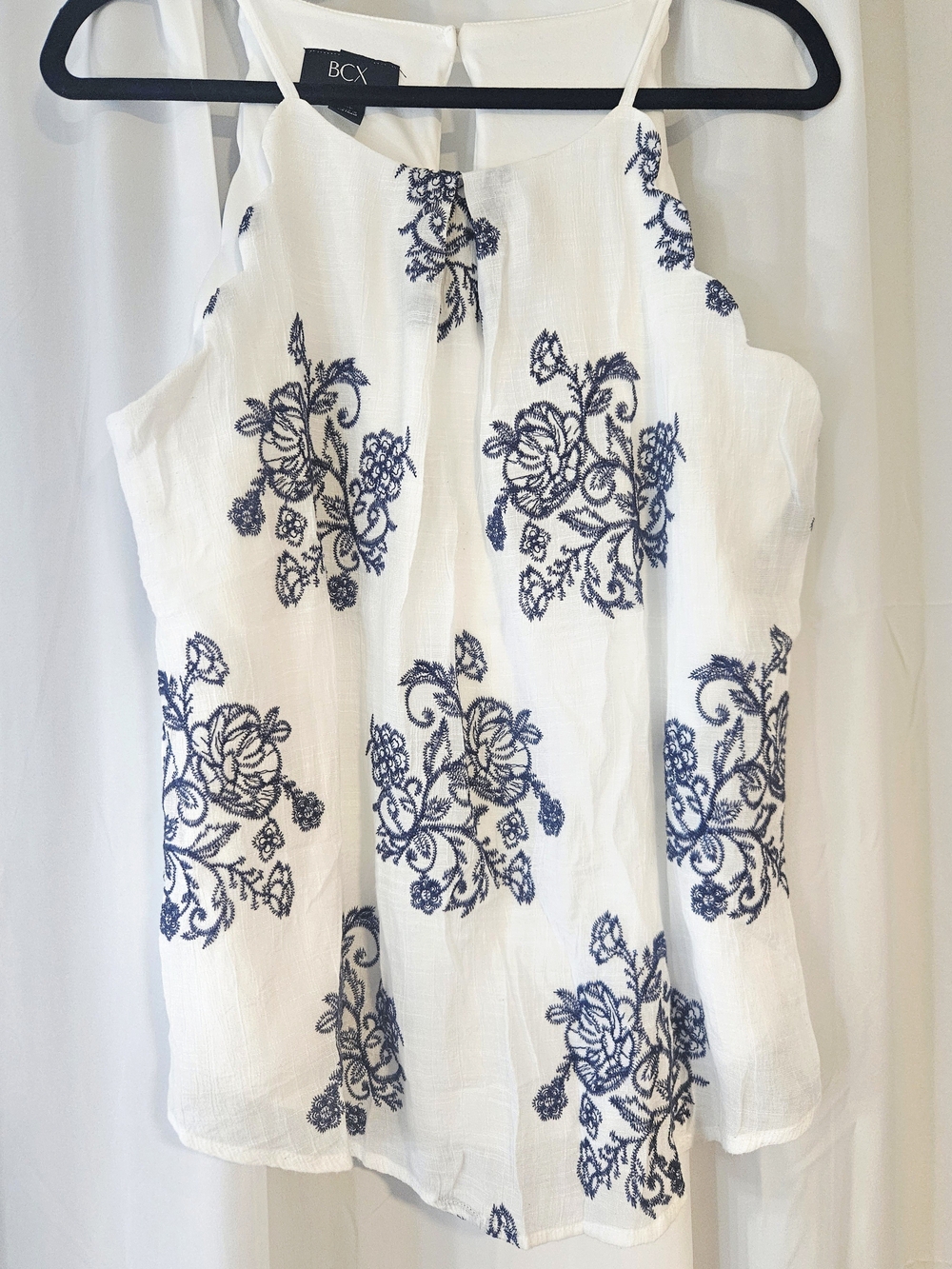 BCX White Cami Top with Navy Floral Embroidery
